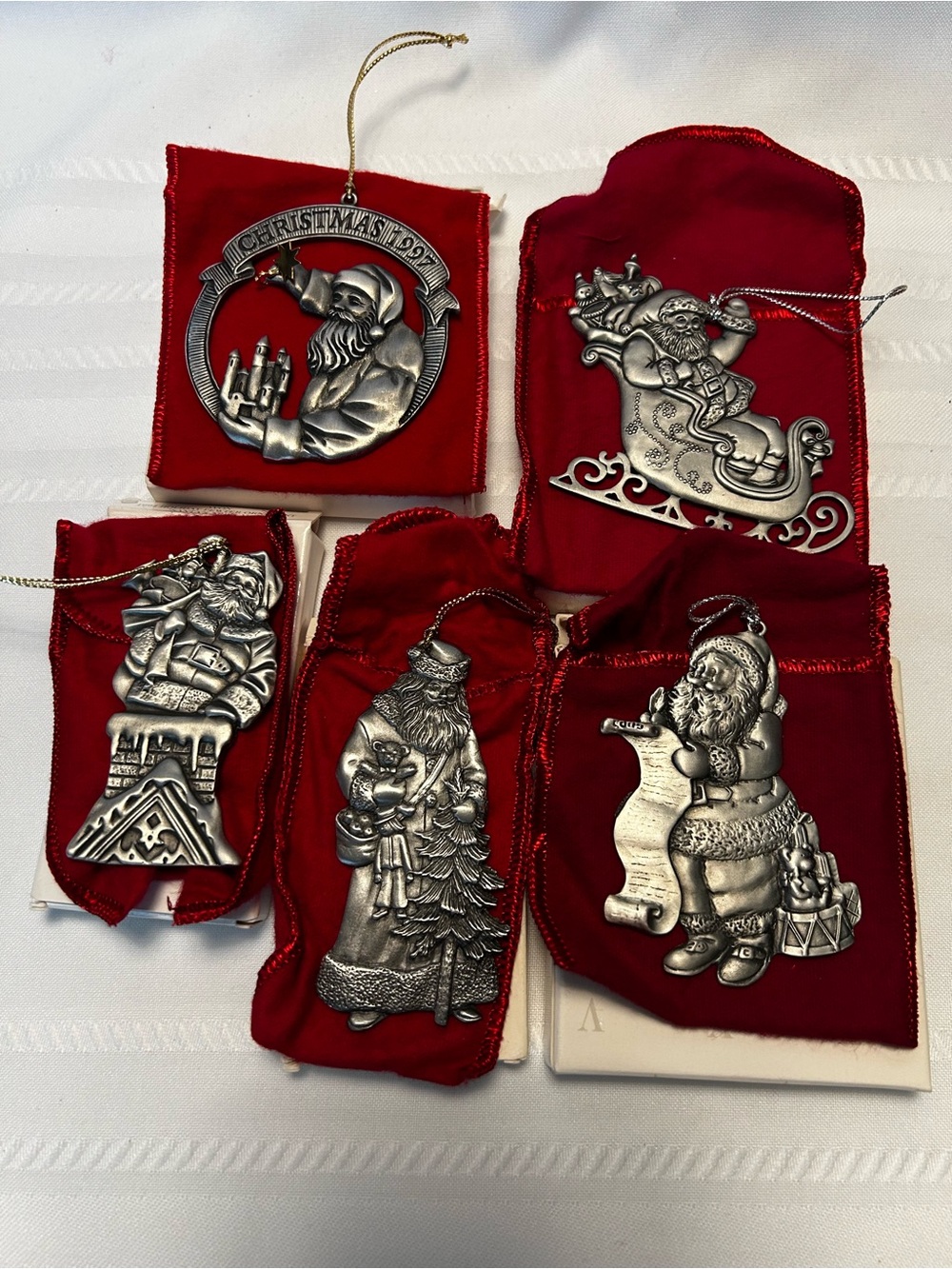 Vintage Set of 5 Pewter Avon Christmas Ornaments Santa Sleigh Tree Toys Holiday
